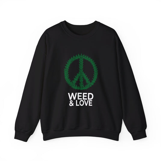 Black sweatshirt featuring a "Weed & Love" design, perfect for men and women who love cannabis culture and relaxed style.