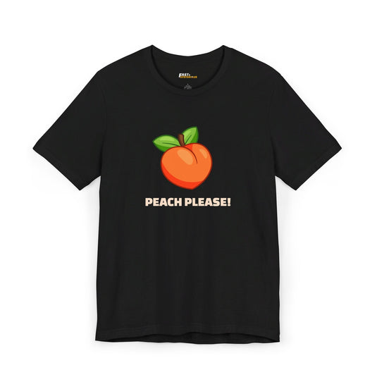 Black tee for men and women showcasing a fun peach graphic and 'Peach Please!' text, playful humor.