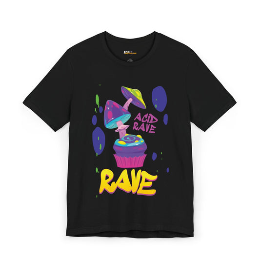 Black t-shirt with a funky cupcake and graffiti "Acid Rave" text, ideal for men and women who love psychedelic rave fashion.