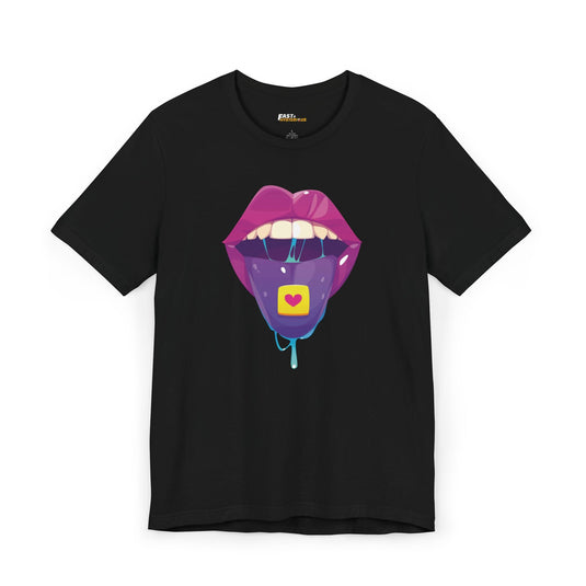 Black t-shirt featuring a bold, psychedelic lips design perfect for rave trip lovers.