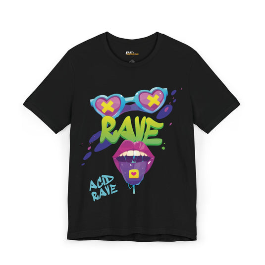 Black t-shirt featuring a psychedelic design with heart-shaped sunglasses and graffiti-style lettering, perfect for rave lovers.