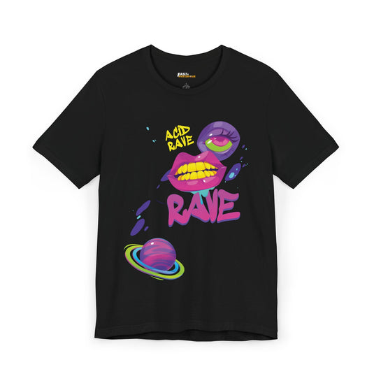 Black t-shirt featuring bold psychedelic lips and graffiti-style visuals, ideal for rave lovers and trippy vibes.