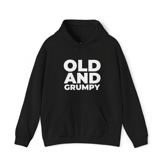 Black hoodie for men and women with bold 'Old and Grumpy' text, a funny and sarcastic gift for the grumpy ones.