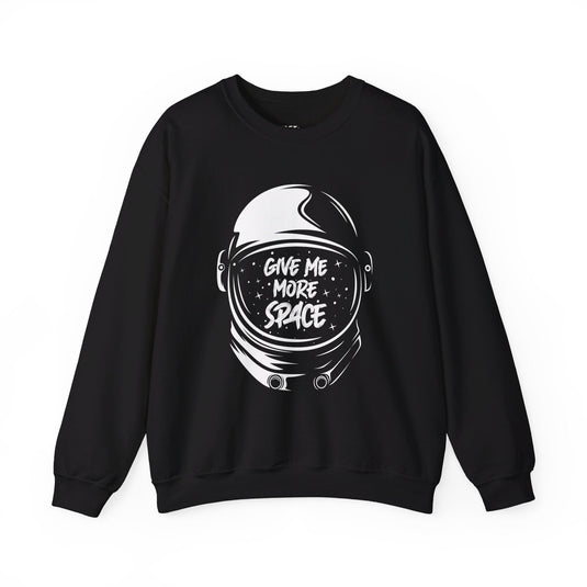 Black sweatshirt for men and women featuring a 'Give Me More Space' astronaut helmet graphic, ideal for those who value personal space.