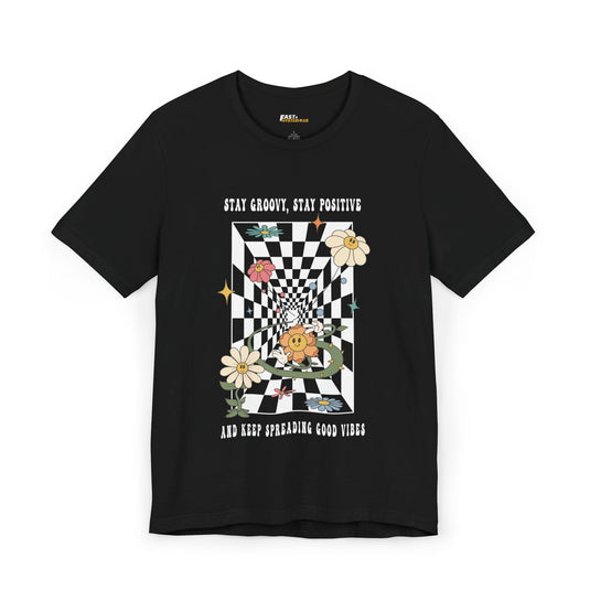 Black t-shirt with groovy flowers and a checkerboard design, spreading positive vibes for rave and festival lovers.