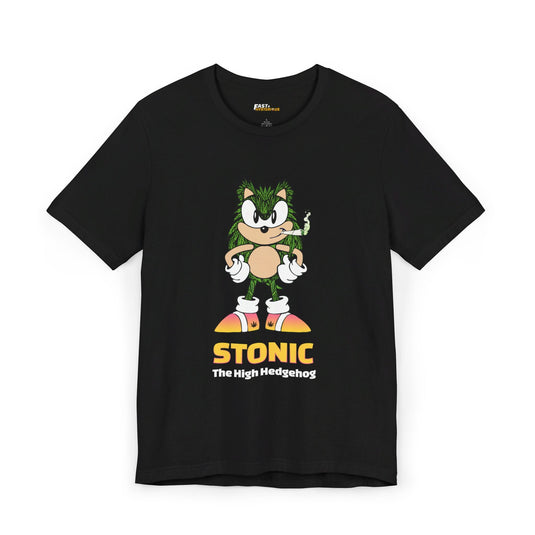 Black tee for men and women featuring the 'Stonic The High Hedgehog' parody design, perfect for weed lovers with humor.