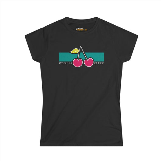 Black women’s cut tee featuring a fun cherry graphic and 'It’s Summertime' text, perfect for sunny summer days.