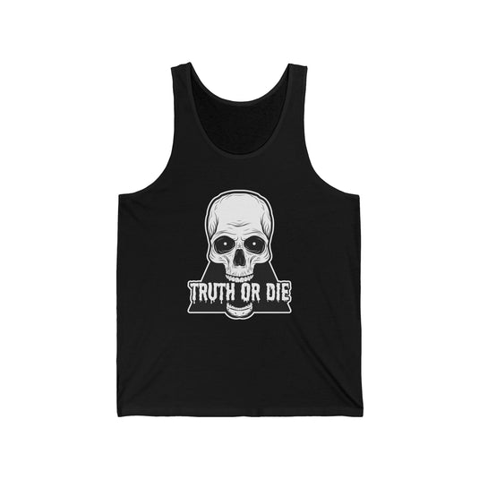 Black tank top for men and women with a striking "Truth or Die" skull design, ideal for those who appreciate bold and edgy styles.