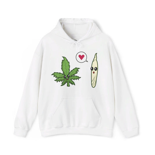 Black hoodie featuring a cartoon weed leaf and joint design, great for men and women who appreciate cannabis culture and humor.