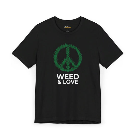 Black tee for men and women with a playful 'Weed & Love' graphic, ideal for those who appreciate weed culture and humor.