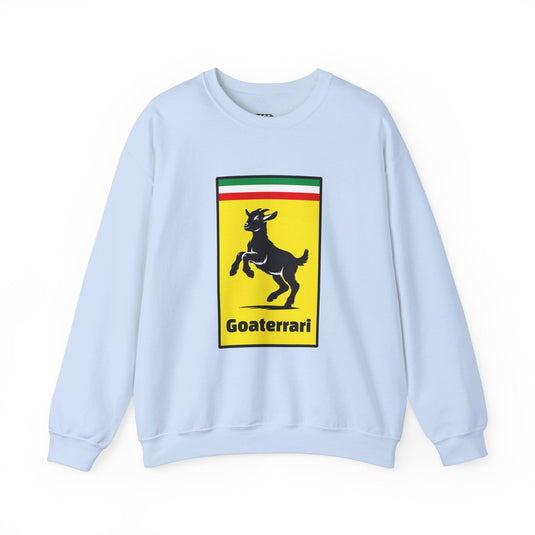 Light blue sweatshirt for men and women with a clever 'Goaterrari' design, perfect for adding humor to your wardrobe.