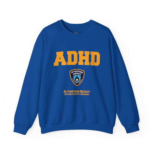 Royal blue sweatshirt for men and women with a sarcastic 'ADHD' parody graphic mimicking a police logo, perfect for humor enthusiasts.