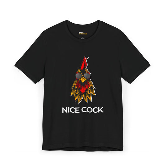 Black men's tee with a vibrant rooster graphic and the text 'Nice Cock,' blending adult humor with a bold design.