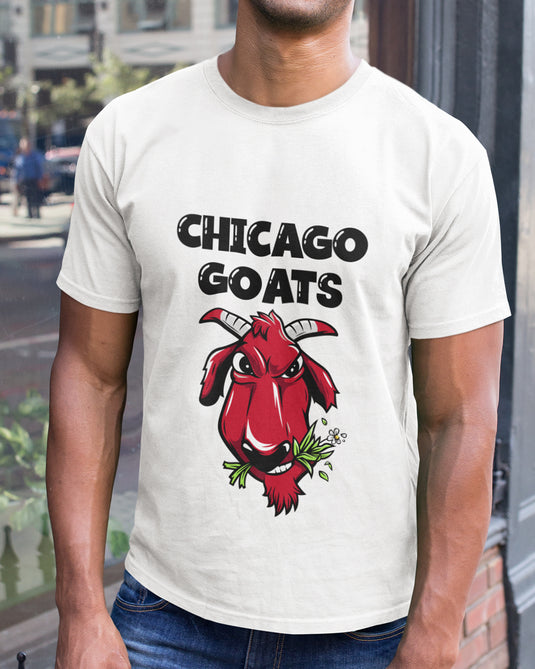 White brand parody graphic T-shirt featuring a bold red goat design with "Chicago Goats" text, perfect for humor and streetwear enthusiasts.