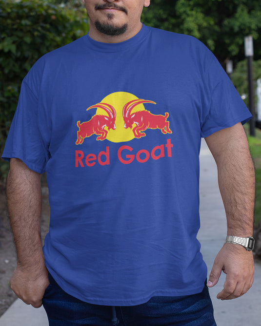 Blue graphic tee featuring a humorous brand parody design with two red goats and the text "Red Goat" against a yellow background.