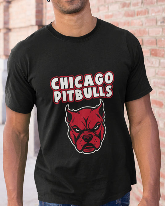 Black brand parody graphic T-shirt featuring a fierce red pitbull design with "Chicago Pitbulls" text, ideal for dog and streetwear enthusiasts.