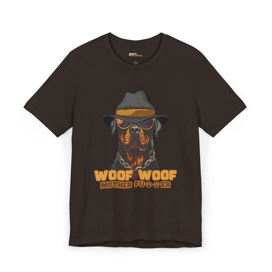 Brown tee for men and women with a playful 'Woof Woof Mother F***er' graphic, ideal for Rottweiler lovers who enjoy humor.