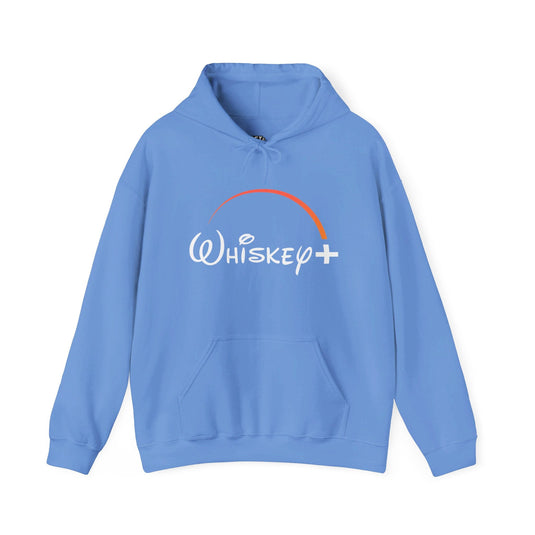 Carolina blue hoodie for men and women featuring a subtle "Whiskey Plus" brand parody design, perfect for whiskey enthusiasts.