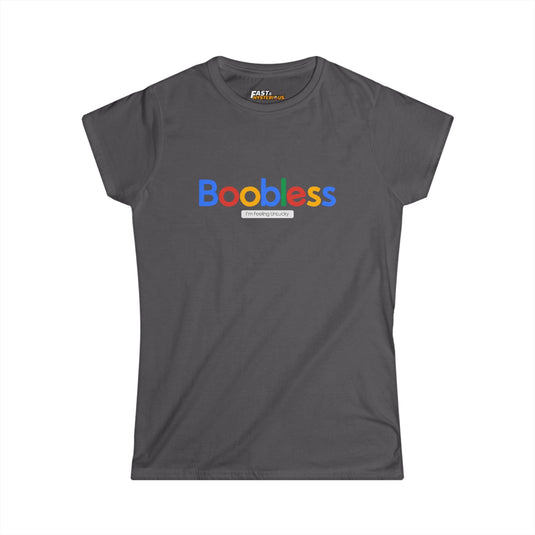 Charcoal women's t-shirt featuring a humorous 'Boobless' graphic for women who enjoy sarcasm.