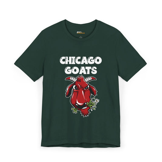 Forest Green Chicago Goats t-shirt, funny basketball parody graphic tee, perfect for sports enthusiasts and parody fans.