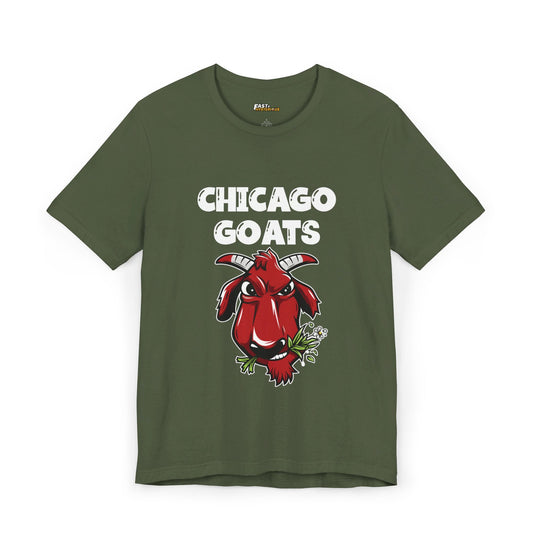 Military Green Chicago Goats t-shirt, funny basketball parody graphic tee, ideal for those who enjoy sports and witty designs.