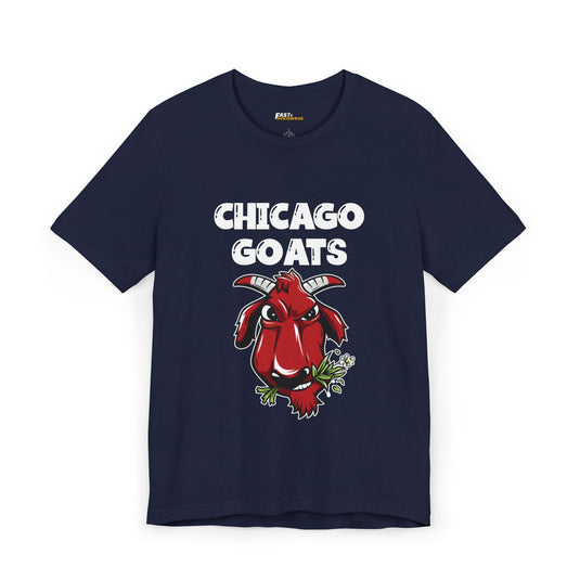 Navy Chicago Goats t-shirt, funny basketball parody graphic tee for men and women, great for sports fans with a sense of humor.