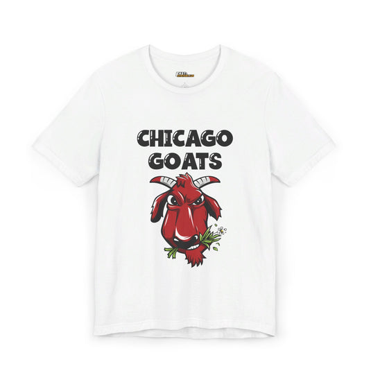 White Chicago Goats t-shirt, funny basketball parody graphic tee for men and women, perfect for sports fans and humor lovers.