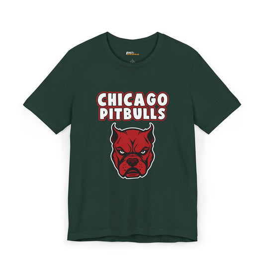 Forest Green Chicago Pitbulls t-shirt, funny brand parody graphic tee, perfect for dog enthusiasts and parody fans.