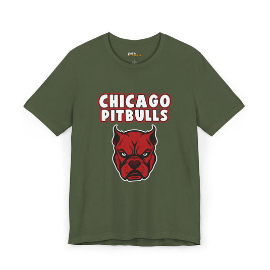 Military Green Chicago Pitbulls t-shirt, funny brand parody graphic tee, ideal for those who enjoy sports and witty designs.