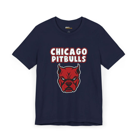 Navy Chicago Pitbulls t-shirt, funny brand parody graphic tee for men and women, great for pitbull lovers with a sense of humor.