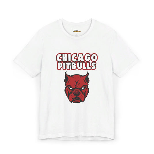 White Chicago Pitbulls t-shirt, funny brand parody graphic tee for men and women, perfect for pitbull lovers and sports fans.