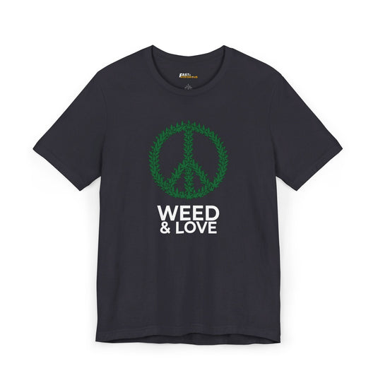 Dark grey tee for men and women featuring a fun 'Weed & Love' peace symbol parody, great for casual wear.