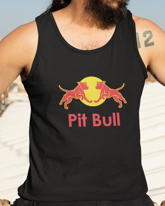 Man wearing a black tank top with a humorous "Pit Bull" design featuring two red pit bulls facing each other against a yellow background, perfect for dog lovers