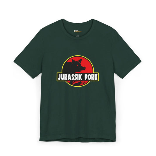 Forest Green Jurassik Pork t-shirt, a funny brand parody tee for men and women. Ideal for those who appreciate witty designs.