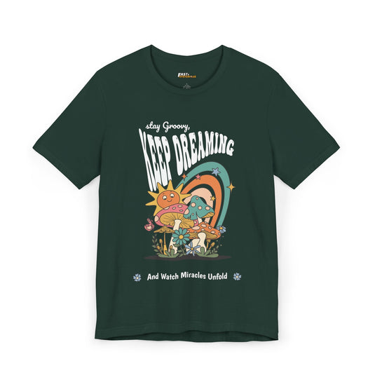 Forest green t-shirt with groovy psychedelic art, ideal for spreading positive vibes at festivals and raves.