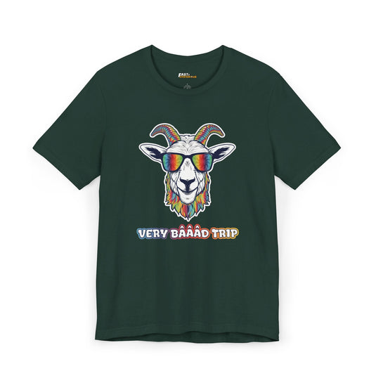 Forest green tee for men and women with a cool 'Very Baaad Trip' psychedelic design, ideal for rave enthusiasts.