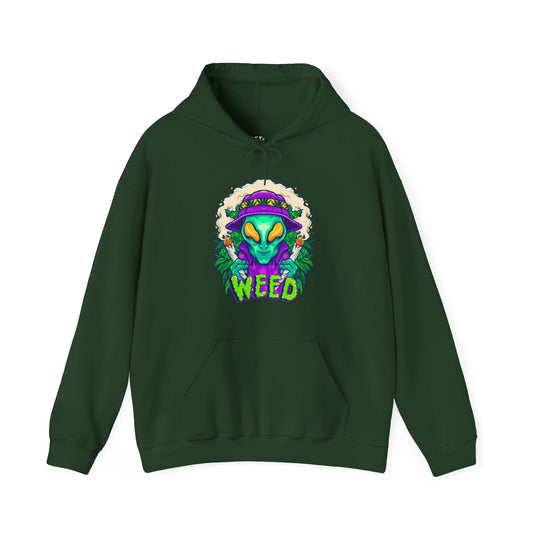 Forest green hoodie for men and women featuring a striking "Alien Weed" design with an out-of-this-world alien and cannabis graphic.