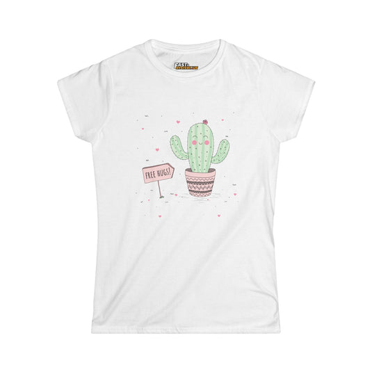 White Free Hugs Cactus t-shirt for women, featuring a cute and sarcastic design. Perfect for casual wear and sarcasm lovers.