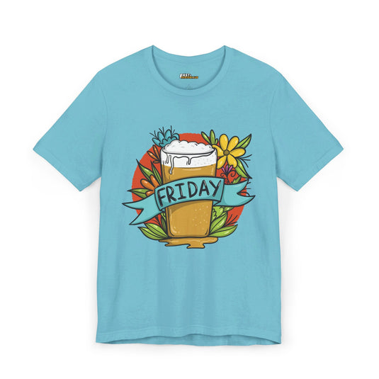 Aqua Blue Friday beer lovers t-shirt for men and women, featuring a fun and colorful beer design. Ideal for casual wear and weekend fun.