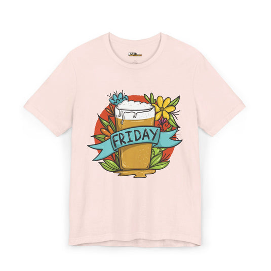 Soft Pink Friday beer lovers t-shirt for men and women, featuring a fun and colorful design. Perfect for casual wear and beer fans.