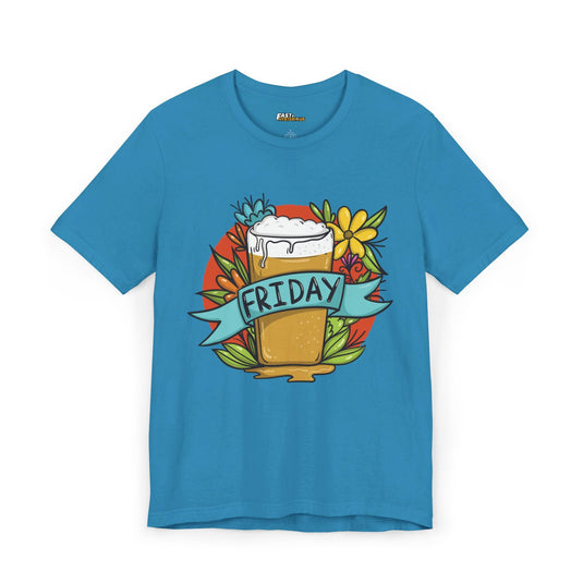 Turquoise Friday beer lovers t-shirt for men and women, vibrant and playful design perfect for casual Fridays and beer lovers.