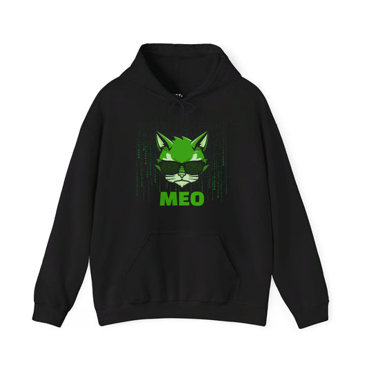 Black hoodie featuring the "MEO" design, a subtle brand parody for cat lovers who appreciate clever nods to classic sci-fi movies.