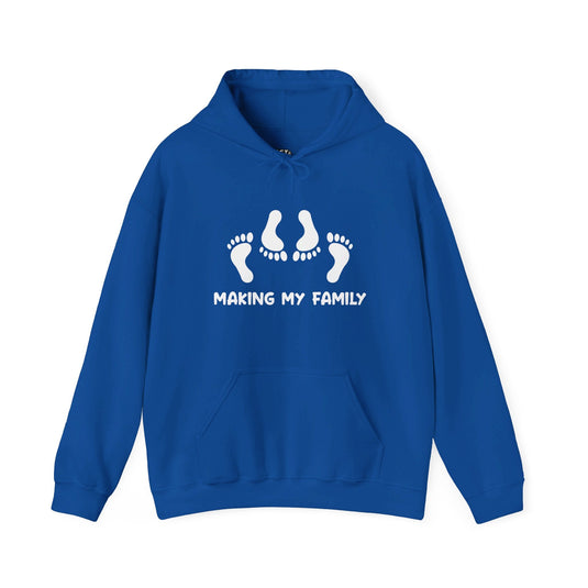 Blue hoodie with "Making My Family" design, showing suggestive footprints, perfect for men who appreciate adult humor and sarcasm.