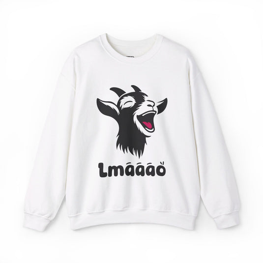 White sweatshirt with a funny goat graphic and "LMAAOO" text, perfect for men and women who love animals and humor.