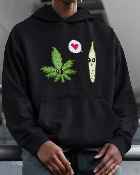 Black funny graphic hoodie with cute cannabis leaf and joint design, ideal for bold statement fashion, humor and cannabis lovers.