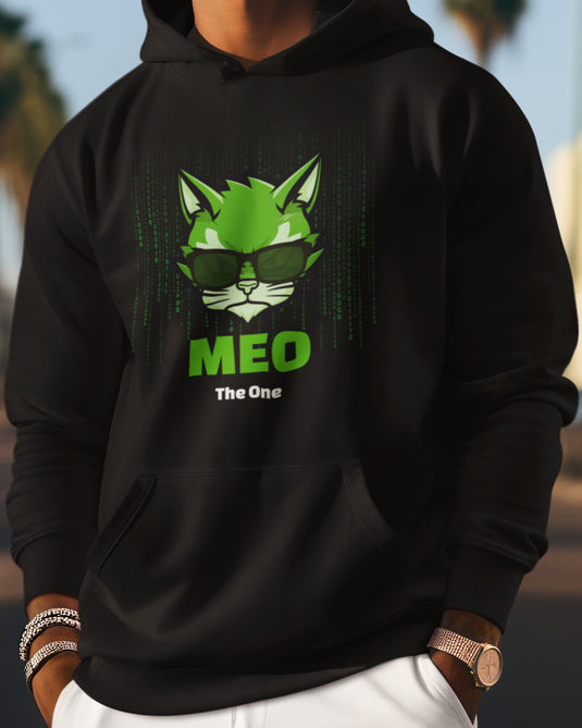 Black funny graphic hoodie with green cat design and "Meo The One" text, perfect for bold unisex streetwear lovers.