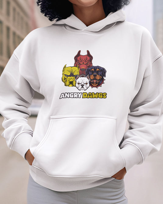 White funny graphic hoodie with "Angry Dawgs" brand parody design, perfect for dog lovers and humor enthusiasts.