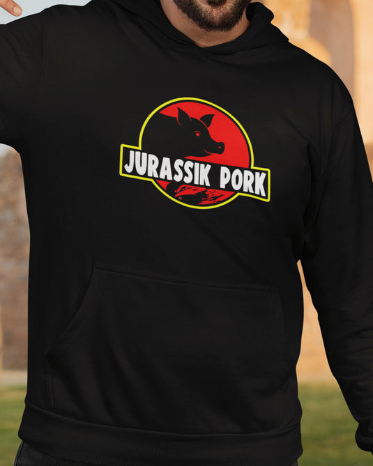 Black funny graphic hoodie with "Jurassik Pork" parody design, perfect for humor lovers and bold unisex fashion statements.