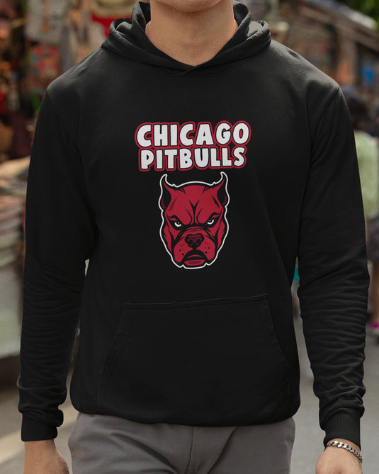 Black funny graphic hoodie with Chicago Pitbulls brand parody design, perfect for pitbull lovers and bold streetwear fans.