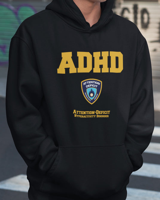 Black funny graphic hoodie with ADHD police logo parody design, perfect for sarcasm lovers and bold statement fashion fans.